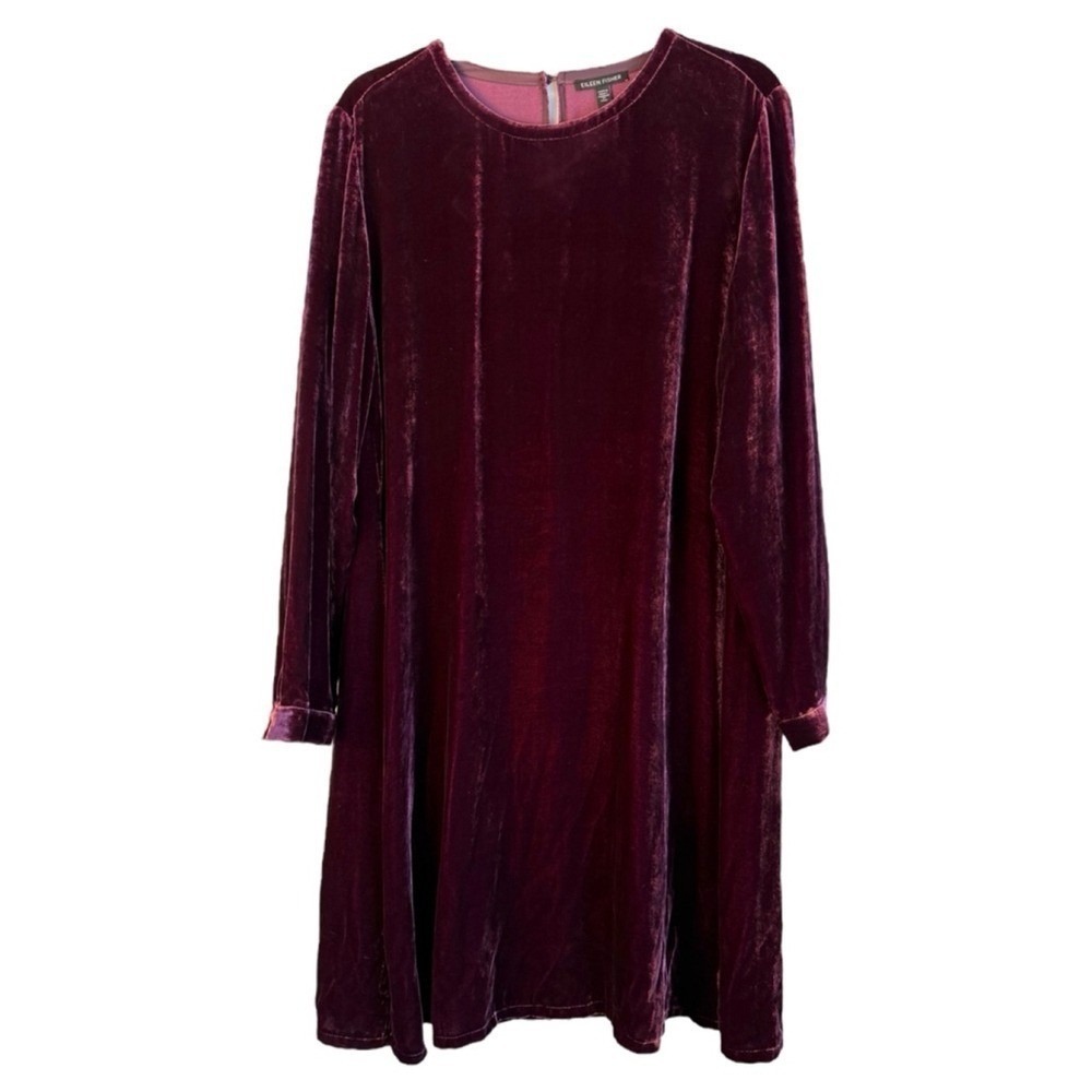 Eileen Fisher Medium Black Plum Viscose Silk Velvet Crew‎ Neck Knee Length Dress